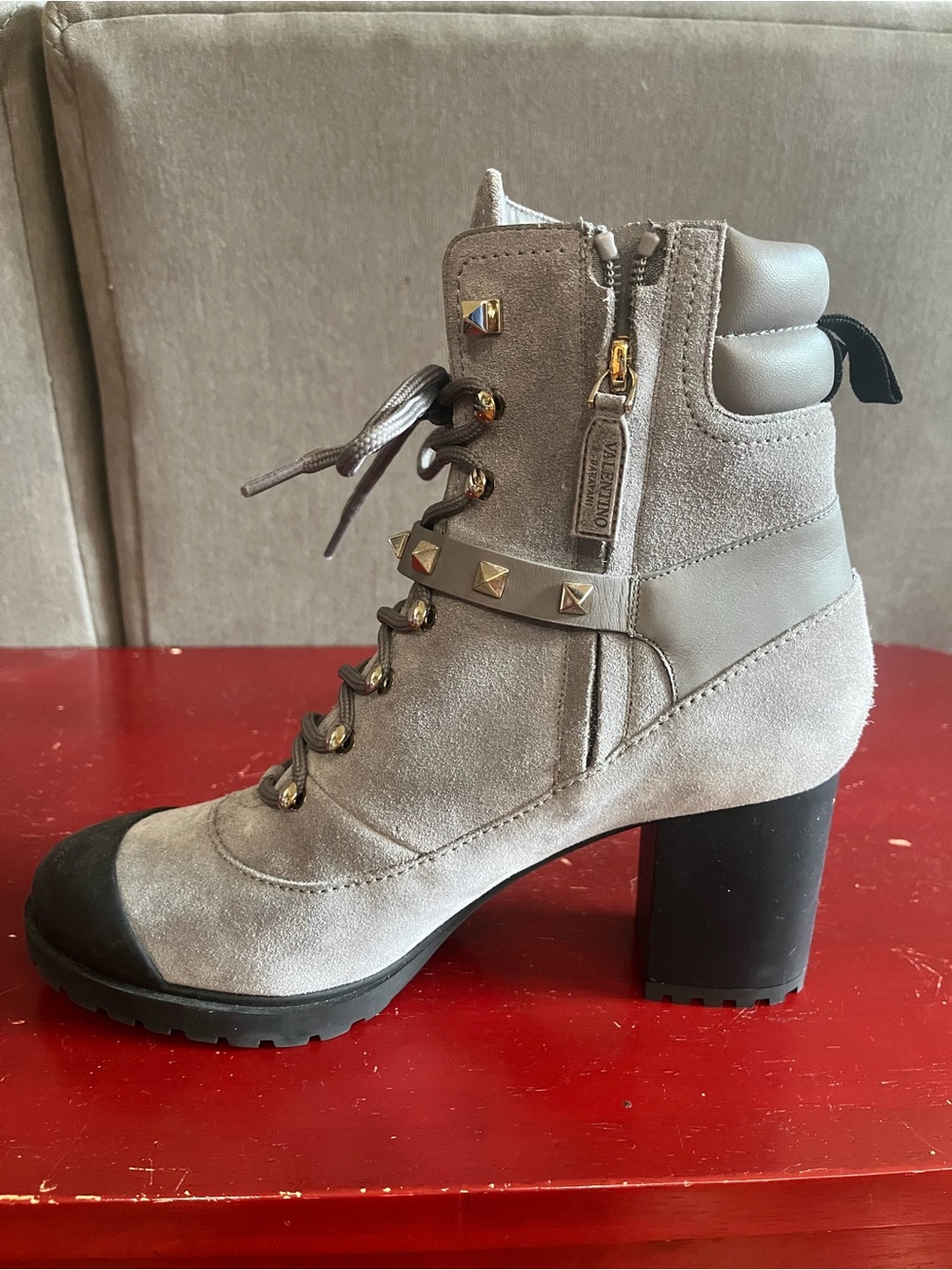 Valentino Gray Suede Lace-Up Block Heel Ankle Boots with Gold Studs